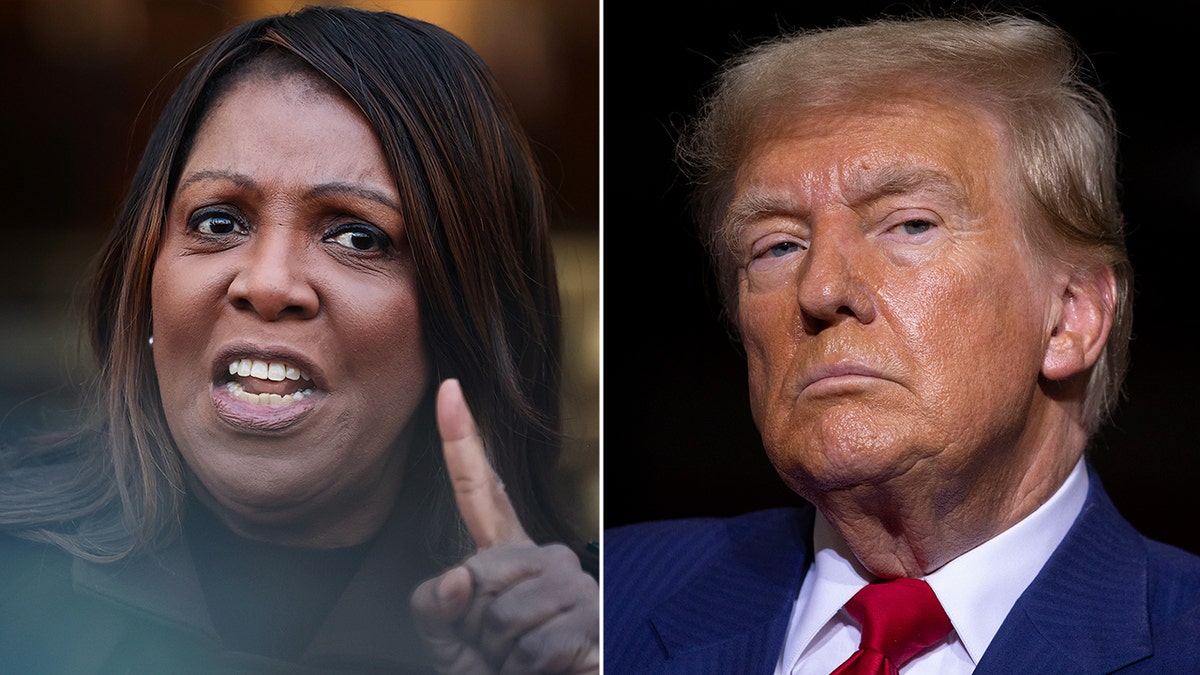 split photo of letitia james making angry hand gesture, donald trump in blue suit