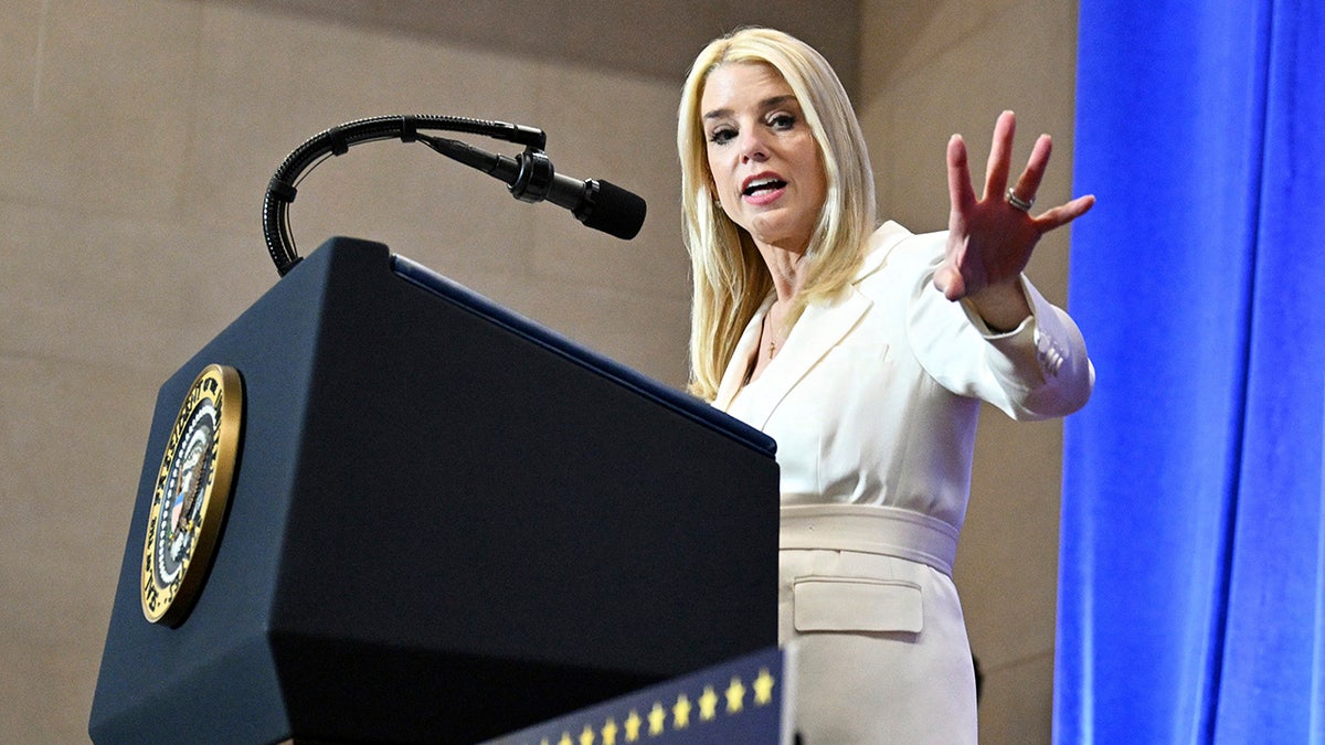 Attorney General Pam Bondi speaks before Justice Department officials