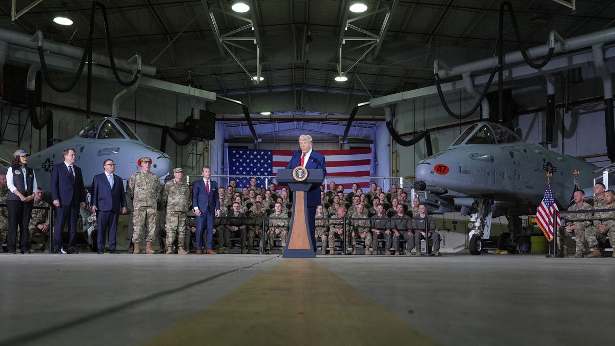 President Donald Trump speaks to members of the Michigan National Guard at Selfridge Air National Guard Base, Tuesday, April 29, 2025, in Harrison Township, Mich. (Alex Brandon/The Associated Press)