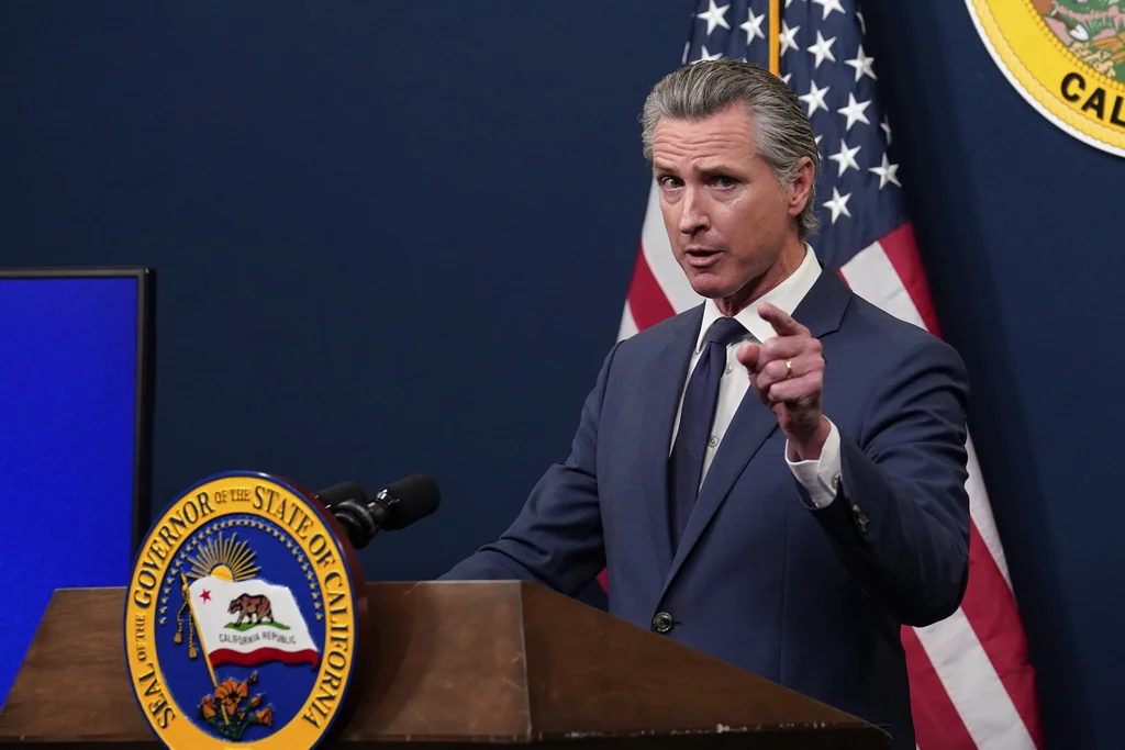Calif. Gov. Gavin Newsom presents his revised state budget during a news conference in Sacramento, Calif., Wednesday, May 14, 2025.
