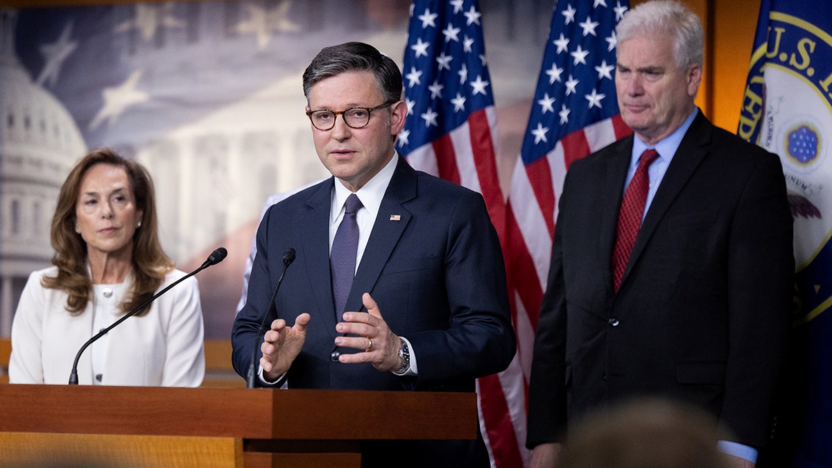 House Speaker Mike Johnson, House Republican Conference Chair Lisa McClain and House Majority Whip Tom Emmer