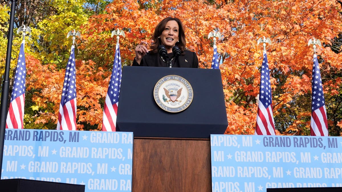 Kamala Harris at lectern at campaign event in Michigan