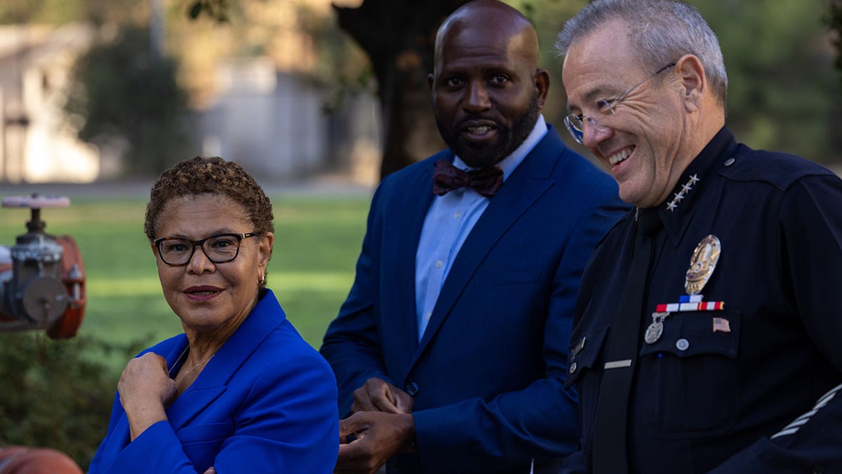 Los Angeles Mayor Karen Bass, left, Deputy Mayor of Public Safety Brian K. Williams and LAPD Chief Michel Moore.