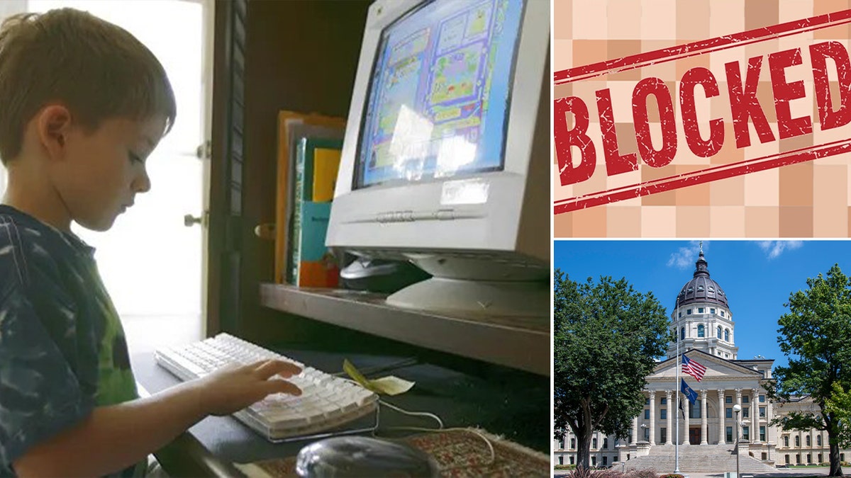 kid at computer, left; blocked graphic, upper right; Kansas capitol, lower right