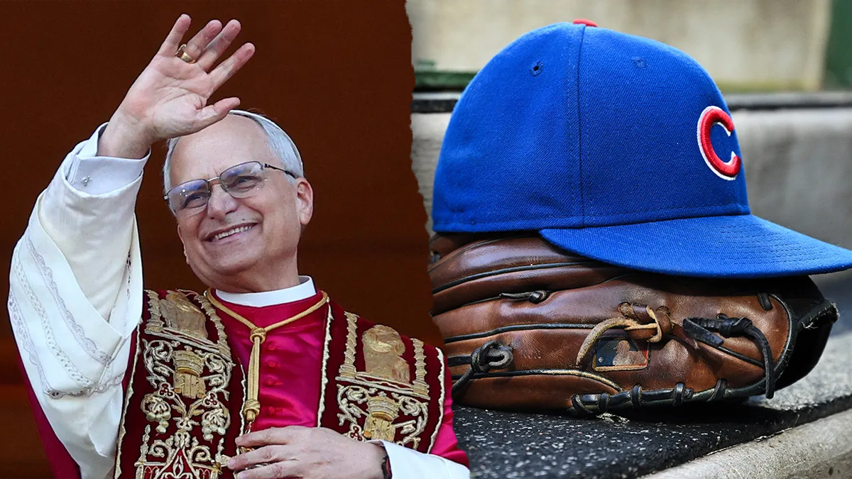 Pope Leo XVI, left; Cubs hat and glove, right