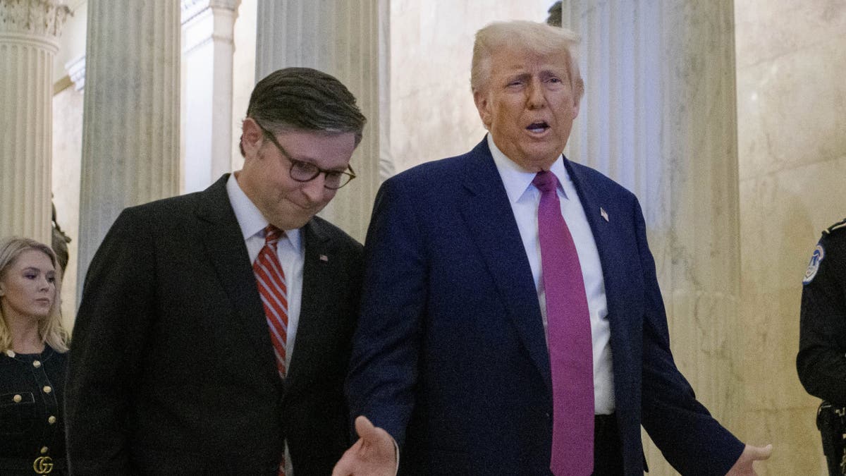 President Donald Trump, center, is joined by Speaker of the House Mike Johnson, R-La., left, as he departs the Capitol following a meeting with the House Republican Conference, Tuesday, May 20, 2025, in Washington. (AP Photo/Rod Lamkey, Jr.)