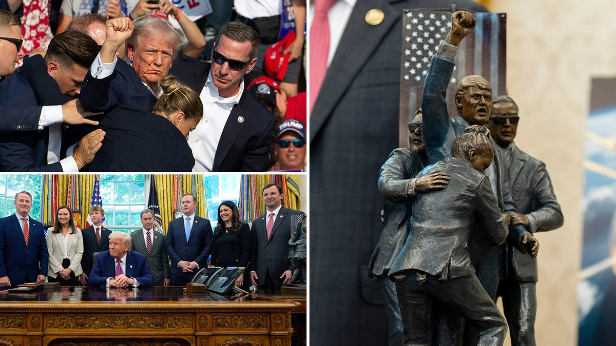 A statue of depicting the attempted assassination attempt on President Donald Trump in Butler, PA, last year was seen displayed in the Oval Office on Friday.