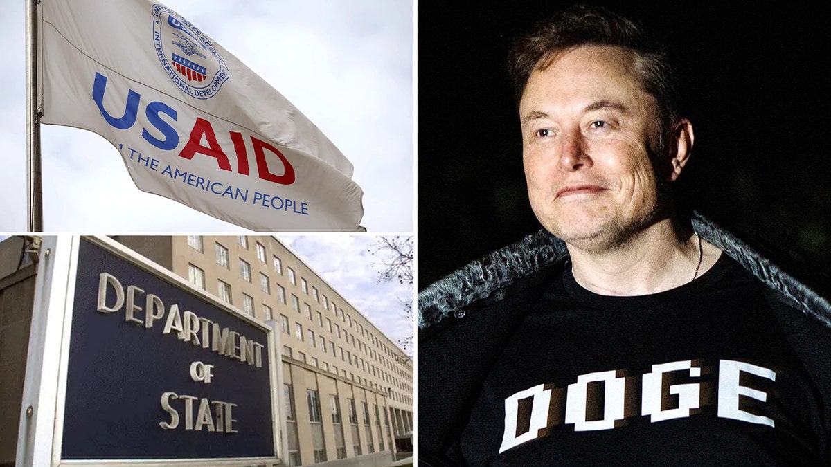 USAID flag, left; Elon Musk, right