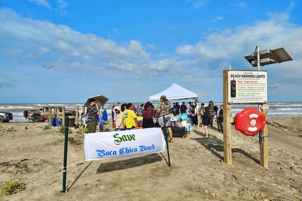 People protest at Boca Chica beach, Texas, on Saturday afternoon, May 3, 2025, before an incorporation election that would turn Starbase into an official Texas city. 