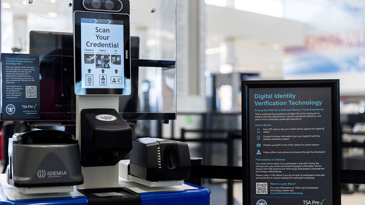 The Transportation Security Administration's new facial recognition technology is seen at a Baltimore-Washington International Thurgood Marshall Airport security checkpoint, April 26, 2023, in Glen Burnie, Md. The U.S. government has started requiring migrants without passports to submit to facial recognition technology to take domestic flights under a change that prompted confusion Tuesday, March 12, 2024, among immigrants and advocacy groups in Texas.