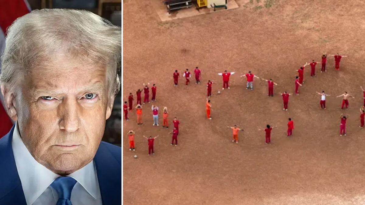 trump and the gang members' SOS message in a split image