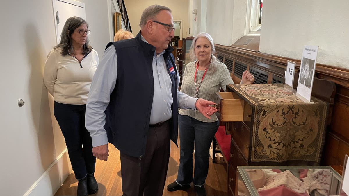 Former Maine Gov. Paul LePage, who's running a 2026 Republican campaign for Congress, tours the Franco Center, a performing arts center and historic site of Franco-American culture located in a former Gothic church in the city of Lewiston, on May 7, 2025. Lepage was baptized as a child in the church.