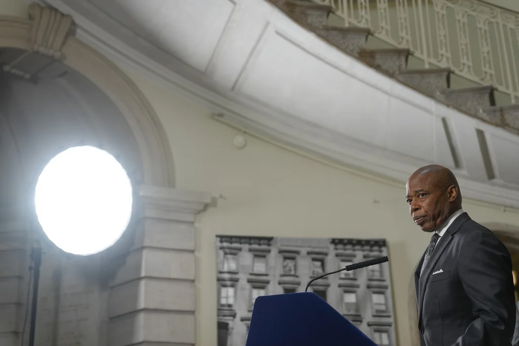 New York City Mayor Eric Adams speaks during a news conference in New York, Monday, Sept. 16, 2024.