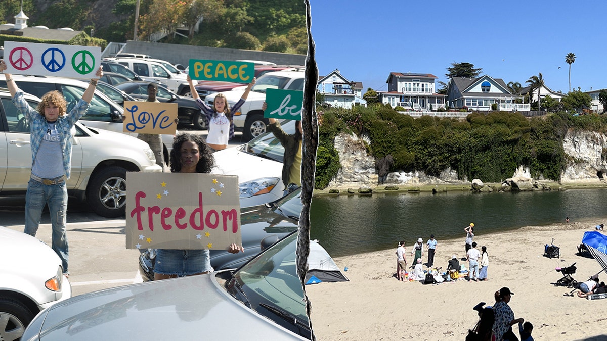 A composite image showing a group of young protesters in a parking lot hold handmade signs with words like 
