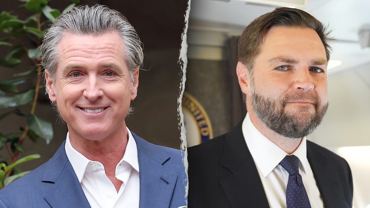 Left: California Gov. Gavin Newsom; Right: Vice President JD Vance