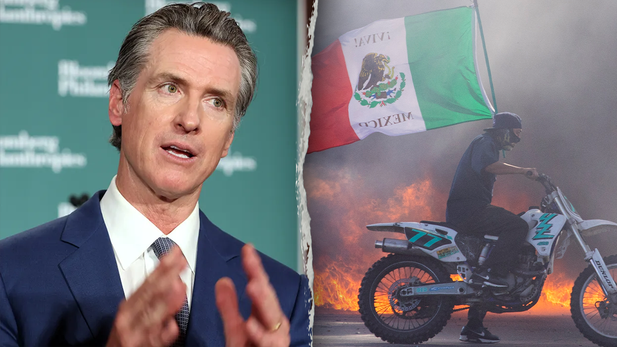 Newsom, left; man on dirt bike with Mexican flag, right