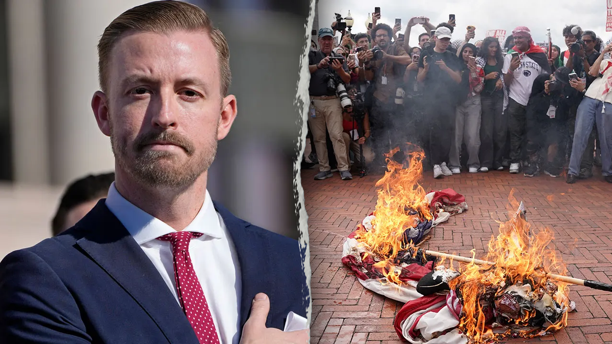 Oklahoma schools superintendent Ryan Walters; burning US flag on ground