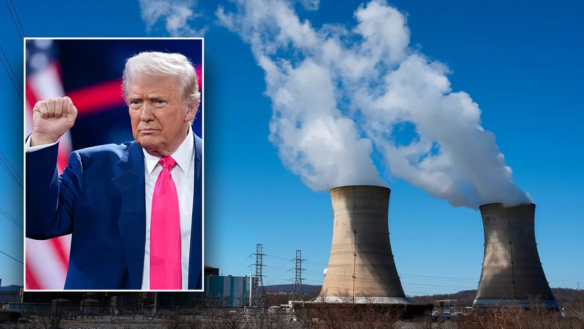 Trump left inset; nuclear plant towers, right