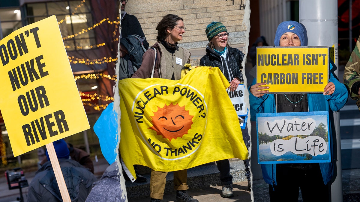 anti-nuclear protesters in 3 panels