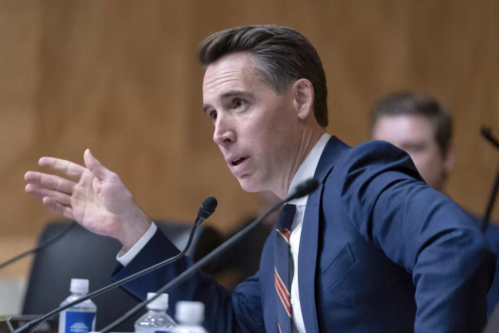 Sen. Josh Hawley (R-MO) questions Postal Service Postmaster General Louis DeJoy during the Senate Homeland Security and Governmental Affairs Committee on understanding proposed service changes hearing, on Capitol Hill in Washington, Thursday, Dec. 5, 2024.