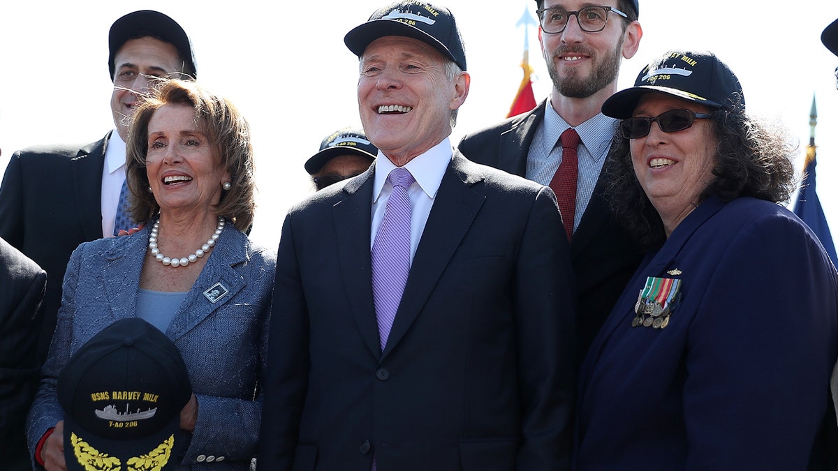 Stuart Milk, U.S. Rep Nancy Pelosi (D-CA) U.S. secretary of the Navy Ray Mabus, Scott Wiener and Paula Neira pose for a photo during a ship naming ceremony for the new USNS Harvey Milk on August 16, 2016 in San Francisco, California.