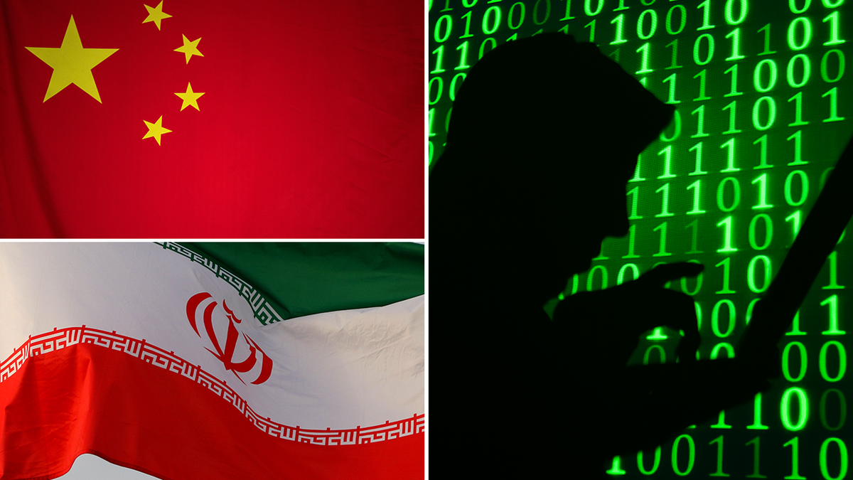 China, Iran, hacker image montage