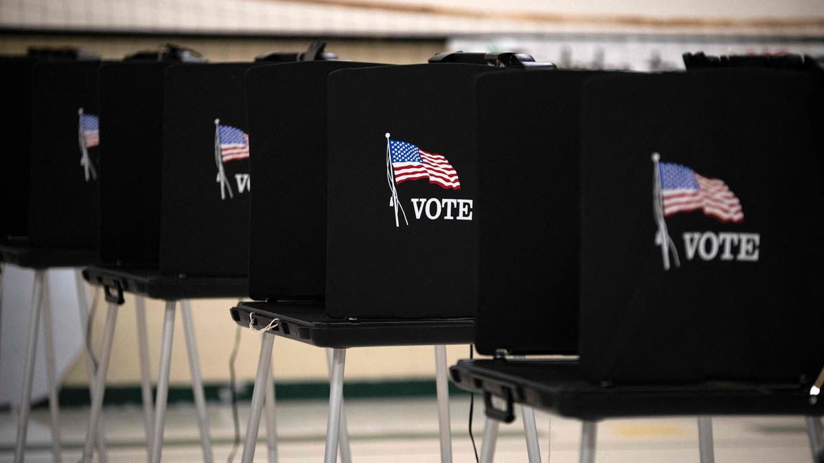 black voting carrels with flag design