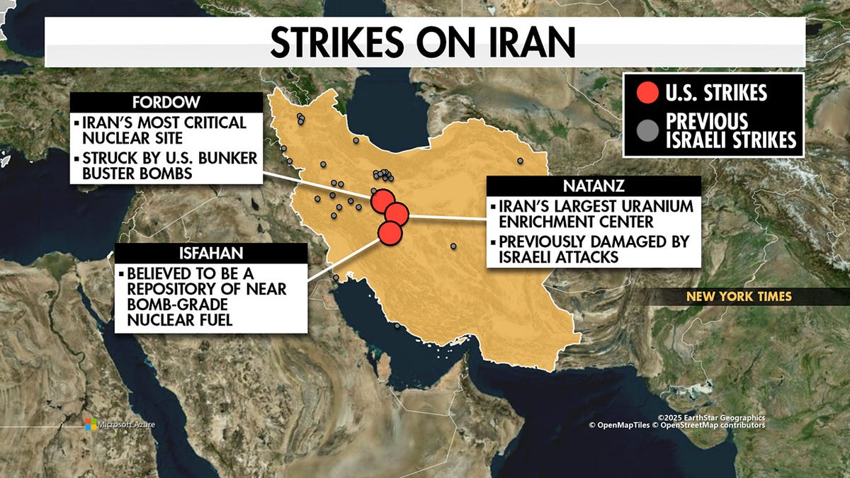 map of Iran showing airstrike locations