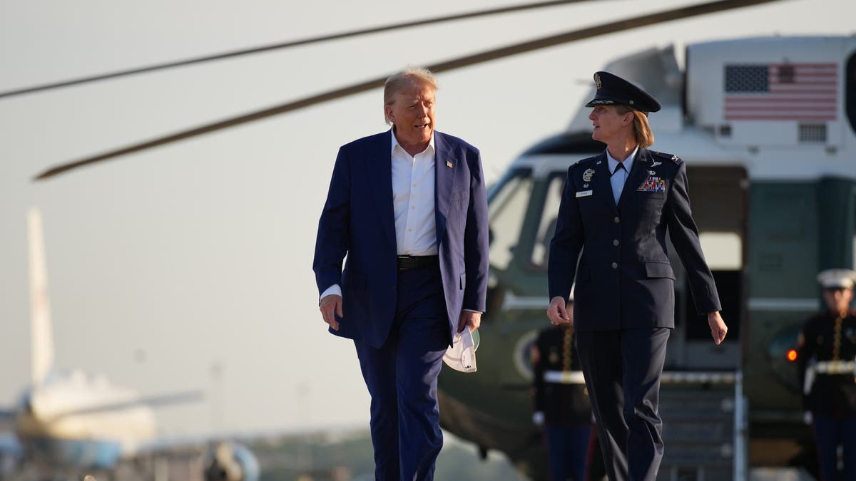 U.S. President Donald Trump on his way to board Air Force One to depart for the 2025 NATO Summit on June 24, 2025 at Joint Base Andrews, Maryland.