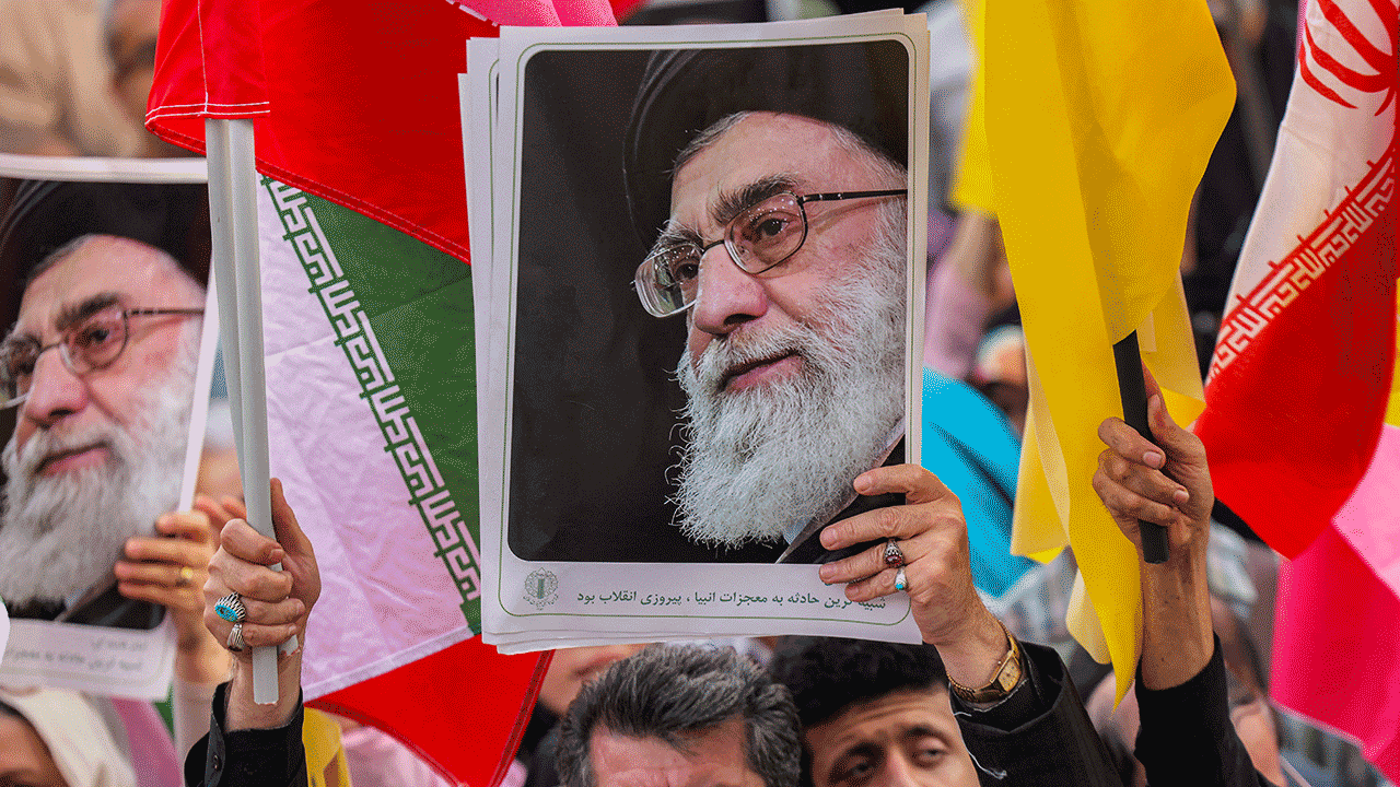 Supreme Leader Ayatollah Ali Khamenei on a demonstration poster