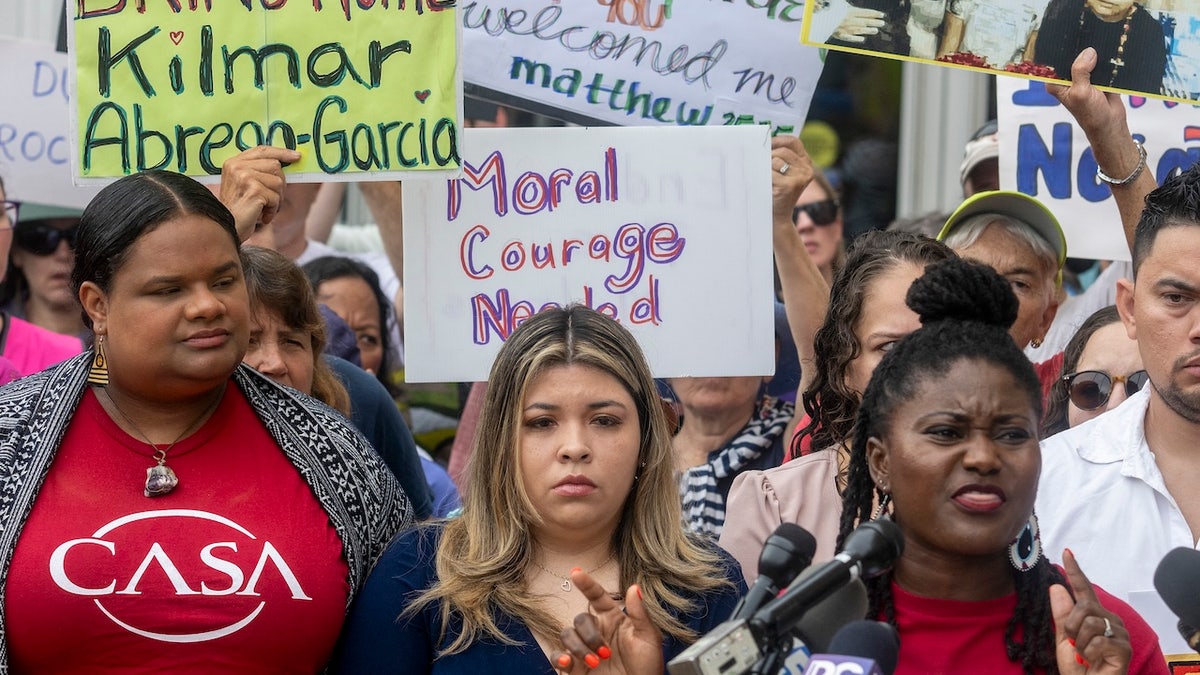 Wife of Kilmar Abrego Garcia joins rally outside Maryland courthouse demanding his return.