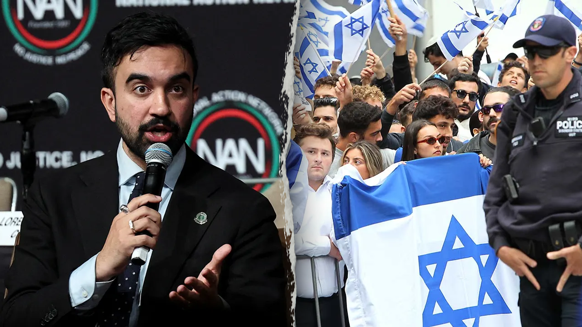 NYC Democratic mayoral nominee Zohran Mamdani, left; pro-Israel demonstration, right