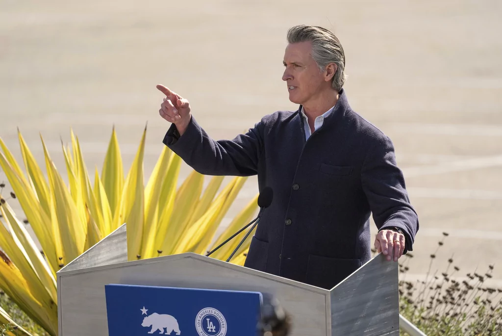 Gov. Gavin Newsom (D-CA) holds a news conference at Dodger Stadium to announce a new private-sector initiative called LA Rises aimed to support rebuilding efforts after the devastating wildfires in Los Angeles, Tuesday, Jan. 28, 2025.
