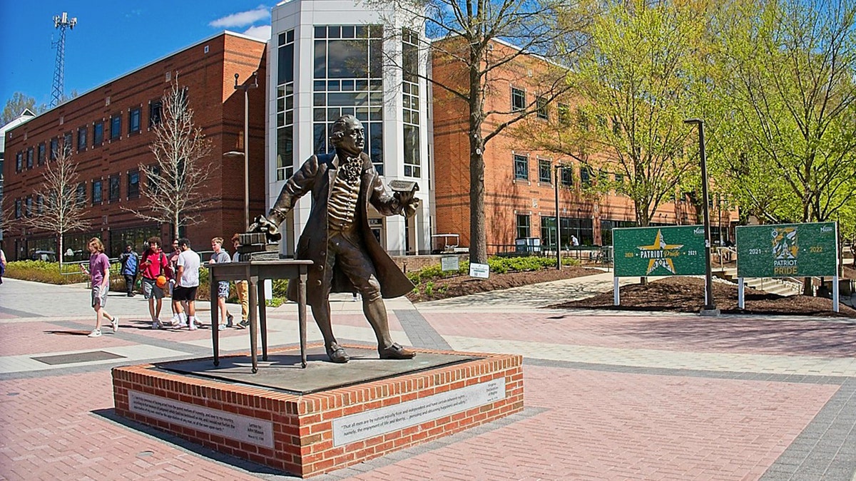 A statue of George Mason on Gorge Mason University's campus