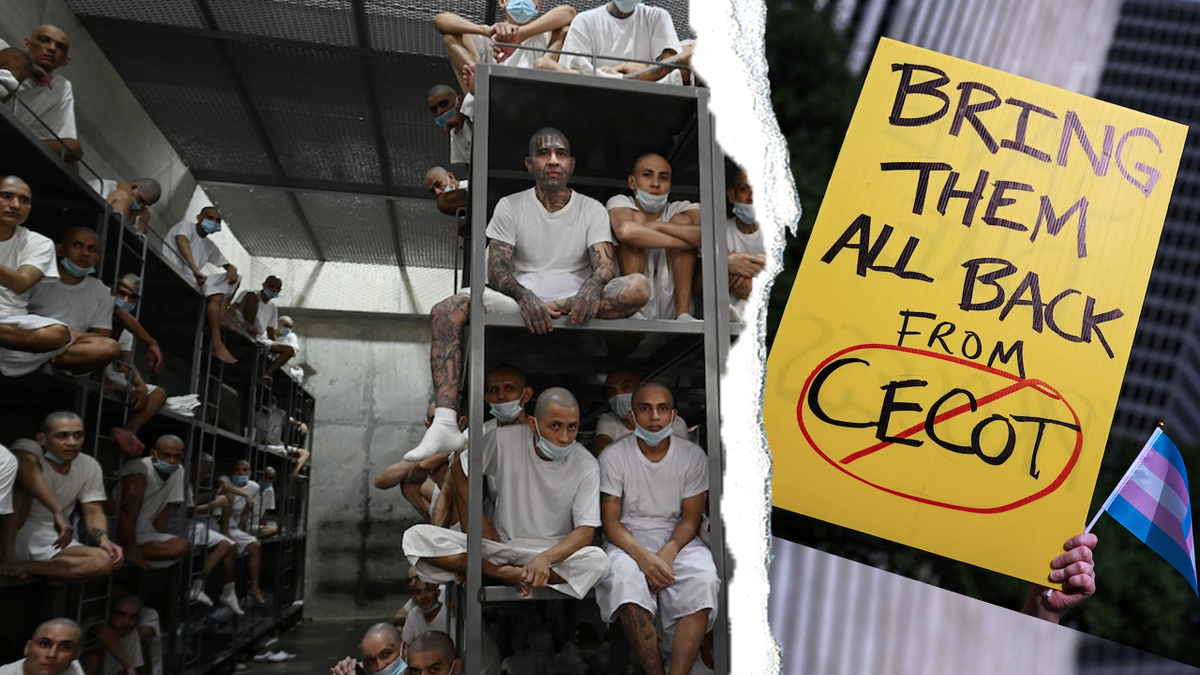 inmates at CECOT, left; protest sign, right