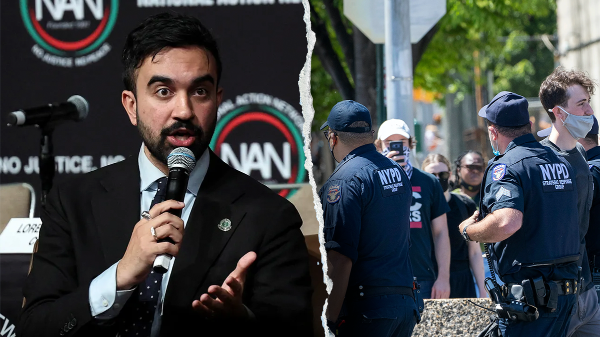 Zohran Mamdani, left; SRG police unit right