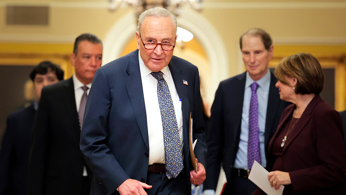 Senate Minority Leader Chuck Schumer walks to speak at a news conference following the weekly Senate Democratic policy luncheon at the U.S. Capitol on June 17, 2025 in Washington, D.C.