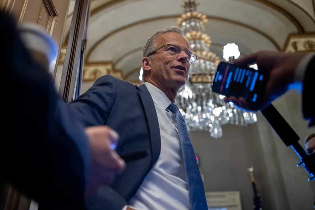 Senate Majority Leader John Thune (R-SD) speaks to reporters at the Capitol on Monday, June 30, 2025 as the Senate debates President Donald Trump's "one, big beautiful" bill. (Graeme Jennings/Washington Examiner)