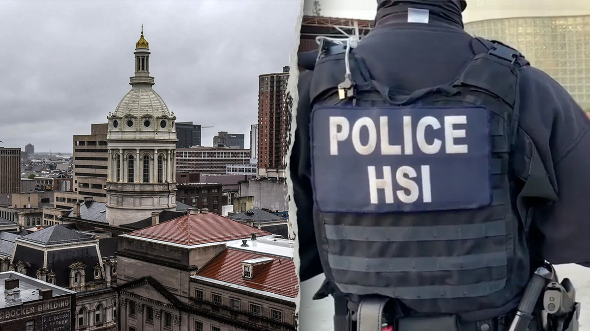 Left: The cupola of Baltimore City Hall is seen amid the skyline in Baltimore, Maryland, May 12, 2019. Right: HSI Los Angeles agents making an arrest.