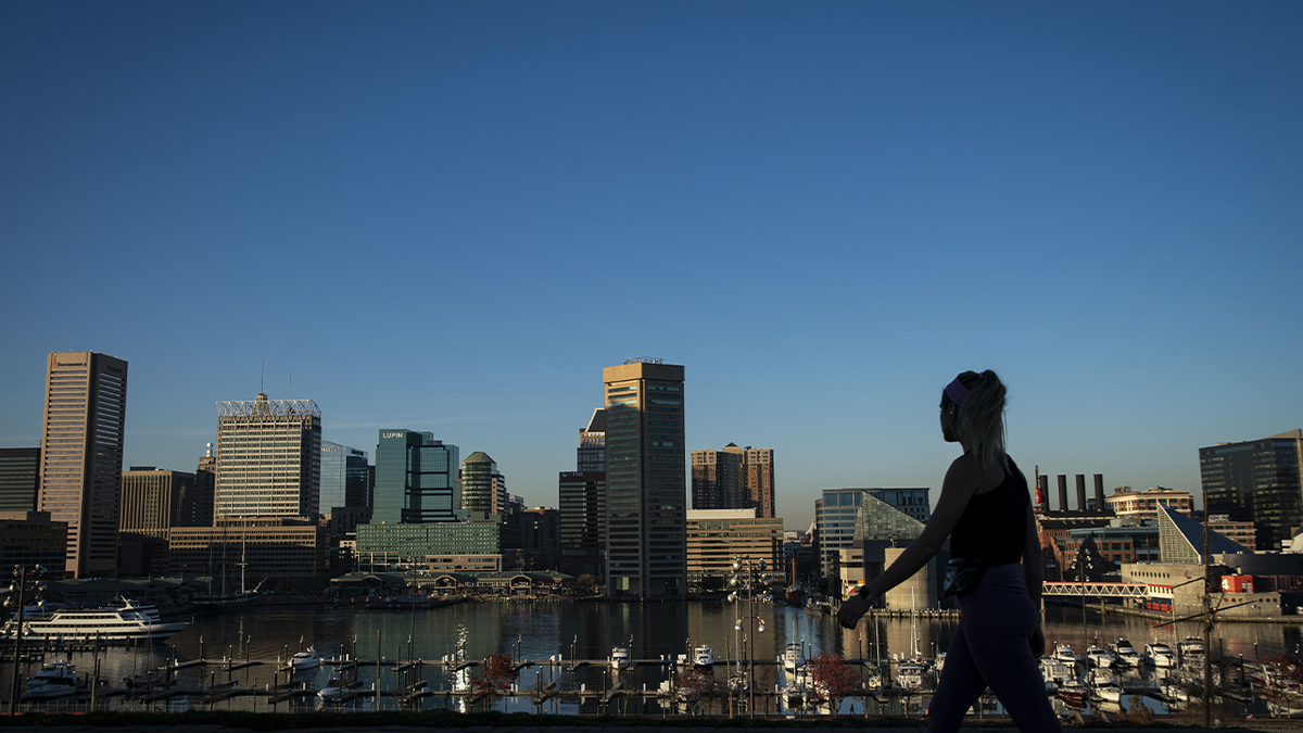 A pedestrian walks past the downtown Baltimore skyline in Federal Hill park in Baltimore, Maryland, U.S. Photographer: Al Drago/Bloomberg via Getty Images