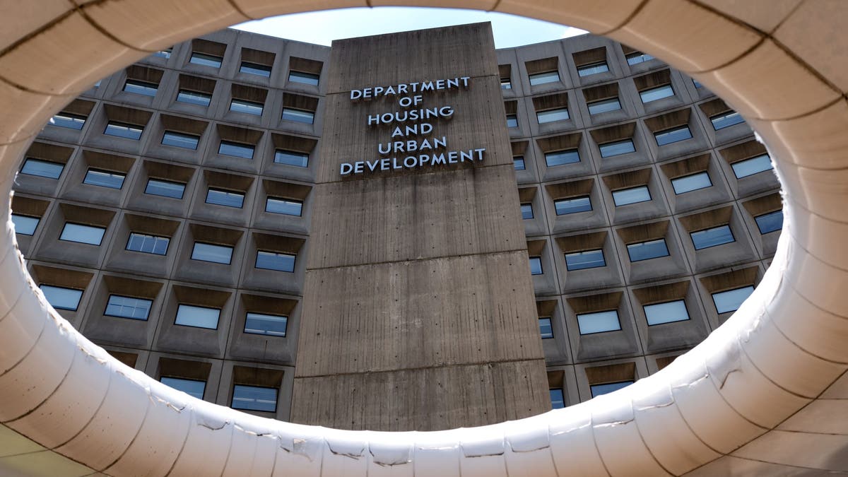 HUD building sign seen from ground up