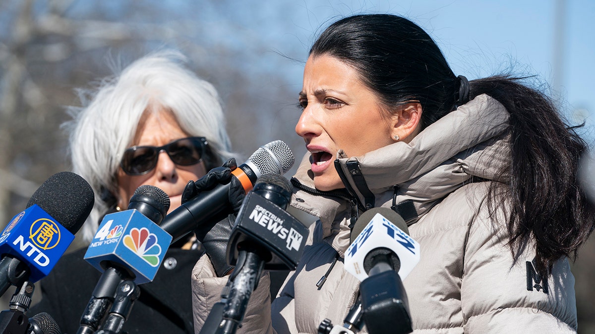 New York City Council member Inna Vernikov speaks at a press conference sponsored by New York City Council Member Vickie Paladino about supporting public sector workers affected by COVID-19 vaccine mandates.
