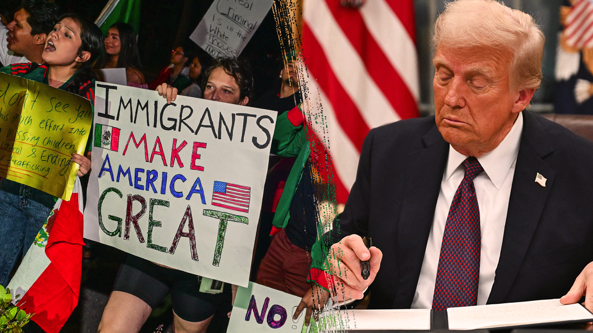 A split photo of president Donald Trump and protesters demonstrating against Trump's immigration policies. Photos by Getty Images