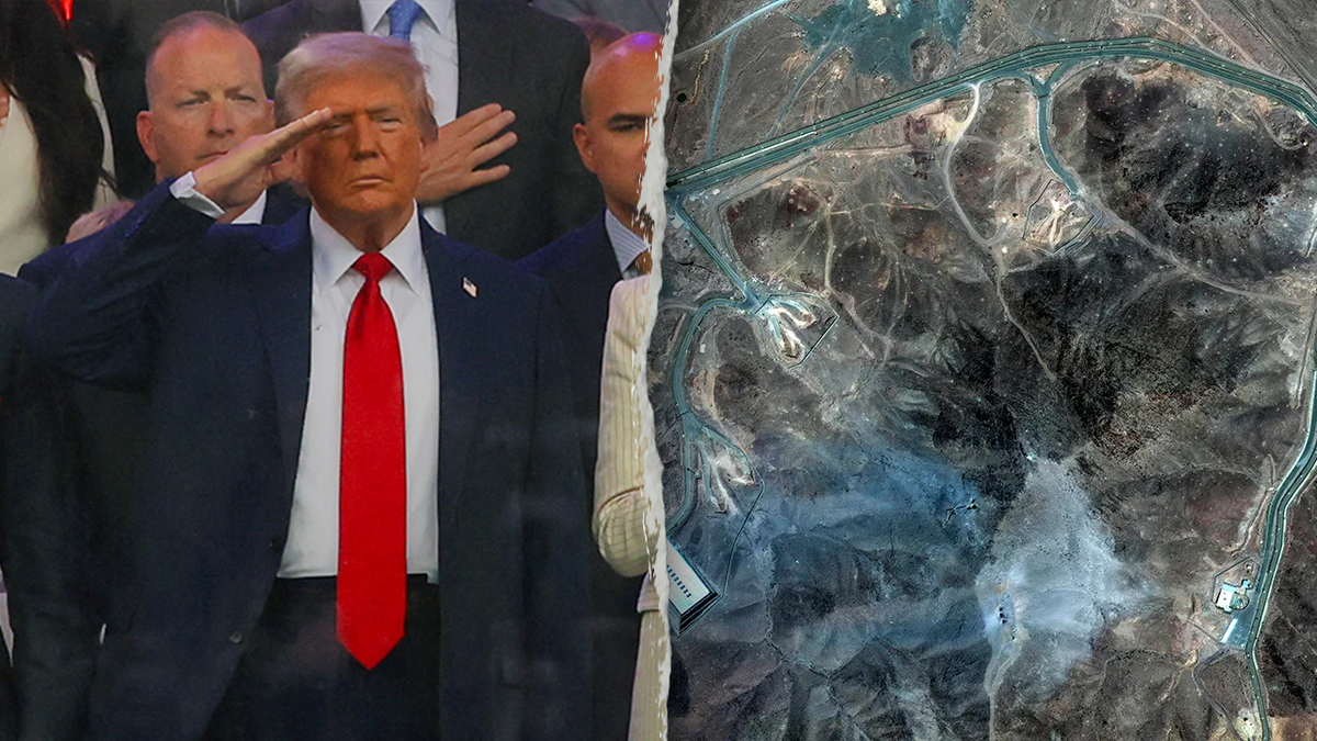 President Donald Trump saluting and satellite imagery of U.S. strike on Iran.