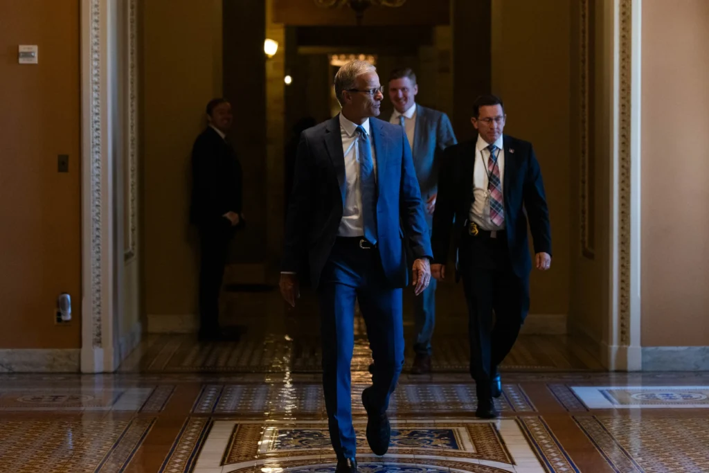 Senate Majority Leader John Thune (R-SD) speaks to reporters at the Capitol on Monday, June 30, 2025 as the Senate debates President Donald Trump's "one, big beautiful" bill.