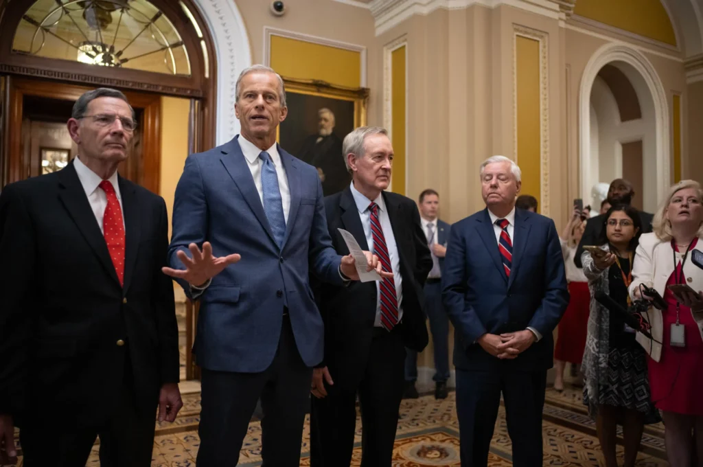 Senate Republican Leadership speak with reporters following Senate passage of Trump's sweeping domestic policy bill on July 1, 2025. (Graeme Jennings, Washington Examiner)