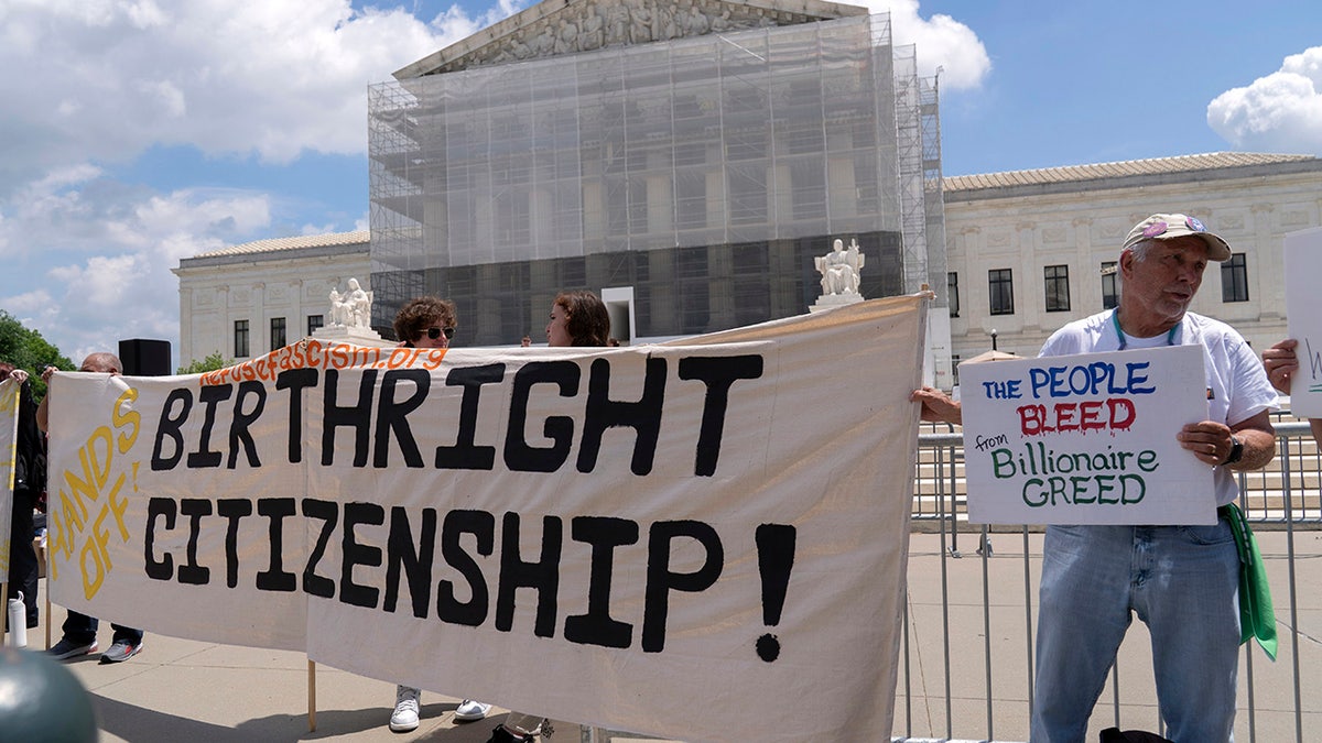 Birthright citizenship supporters hold up banner