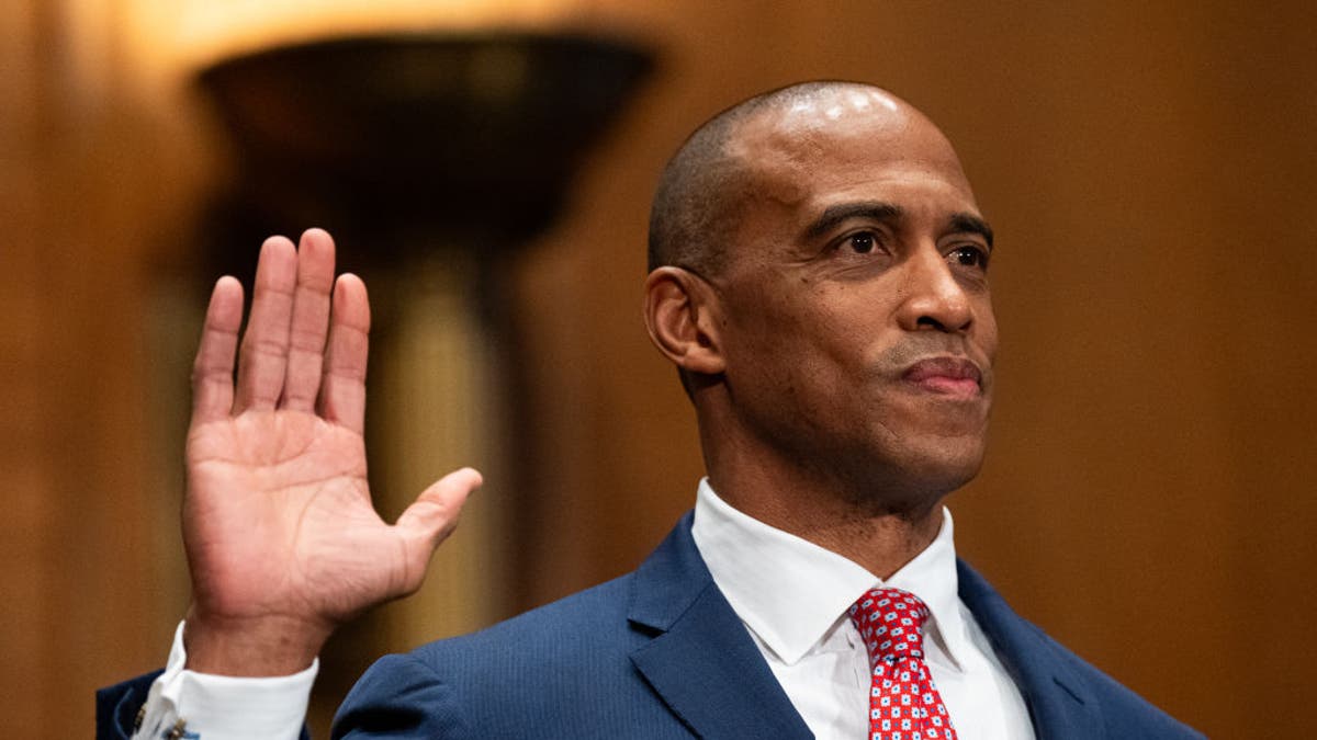 Secretary of Housing and Urban Development nominee Scott Turner is sworn in during his Senate confirmation hearing on Jan. 16, 2025. (Bill Clark/CQ-Roll Call, Inc via Getty Images)