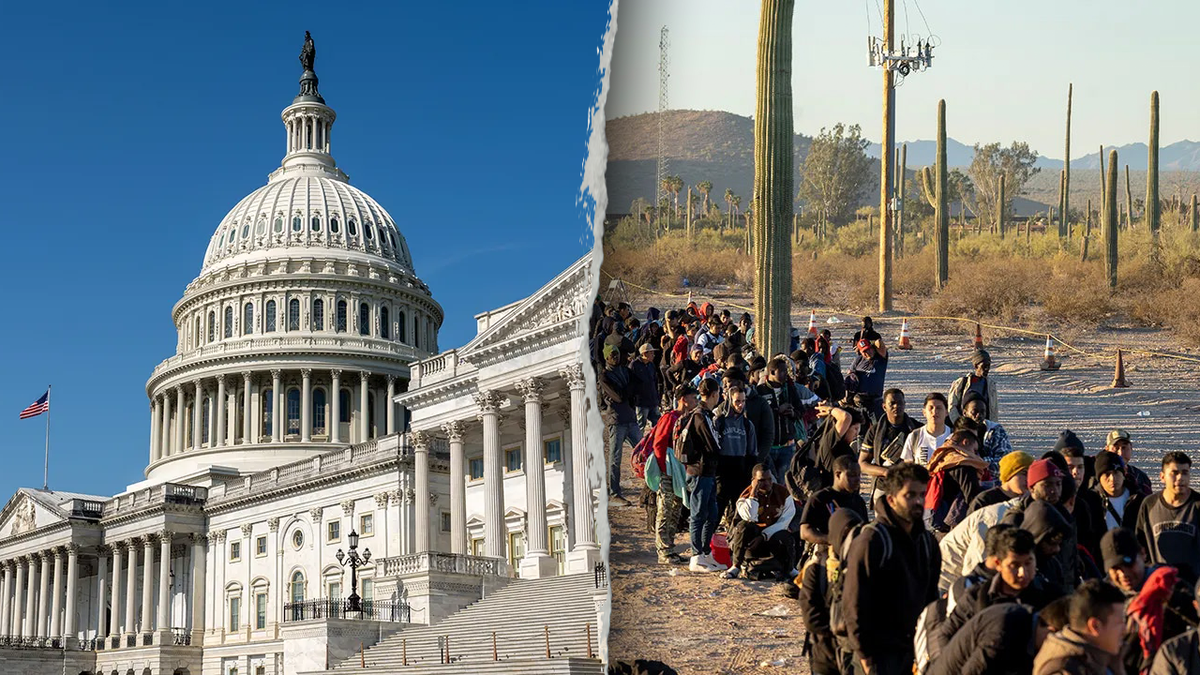 U.S. Capitol building and immigrants at the U.S. southern border.