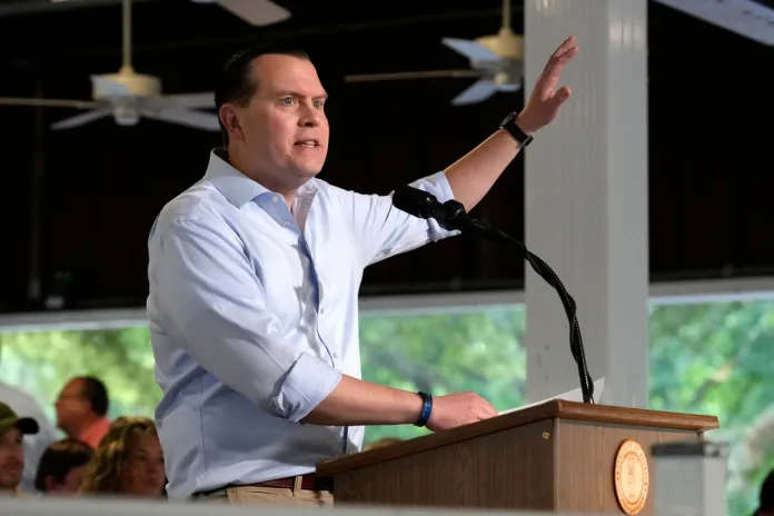 Kentucky Attorney General Russell Coleman speaks at the annual Fancy Farm picnic Saturday, Aug. 2, 2025, in Fancy Farm, Ky.
